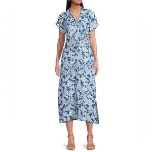 J. McLaughlin Navy and Light Blue Floral Button-Front Top with Belt